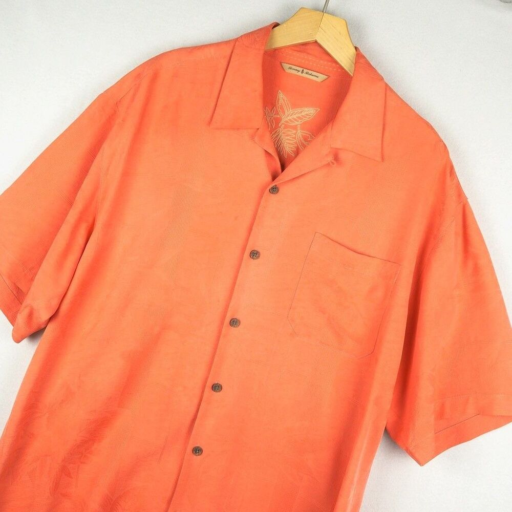Tommy Bahama Floral Weave Silk Camp Shirt Mens L Orange Short Sleeve Loop Collar